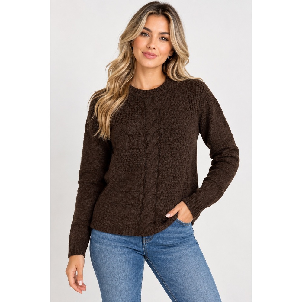 ⭐️ St. John's Bay Women's Brown Cable Knit Crew Neck Pullover Sweater size S